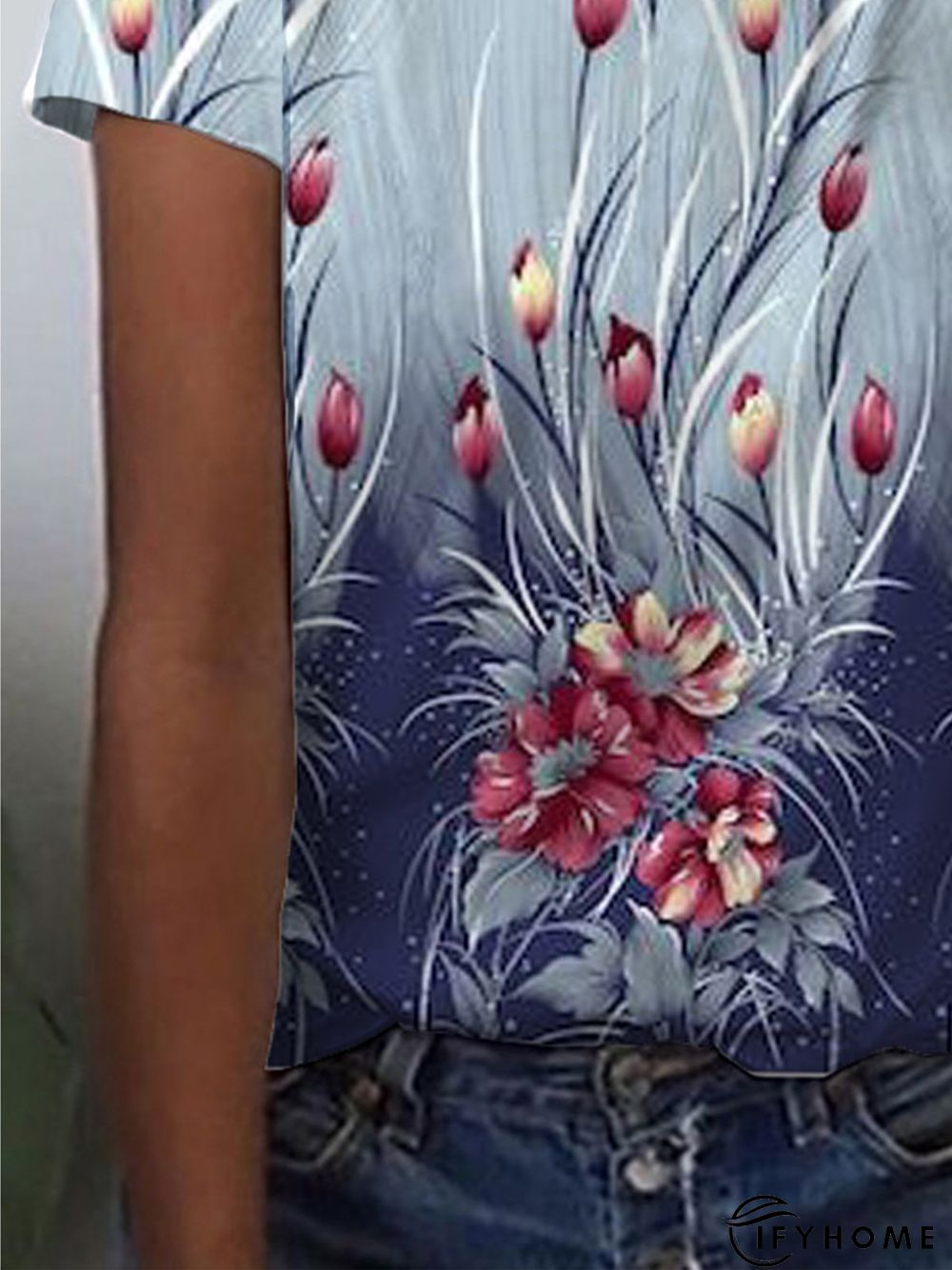 Crew Neck Floral Short Sleeve Holiday T-shirt | IFYHOME