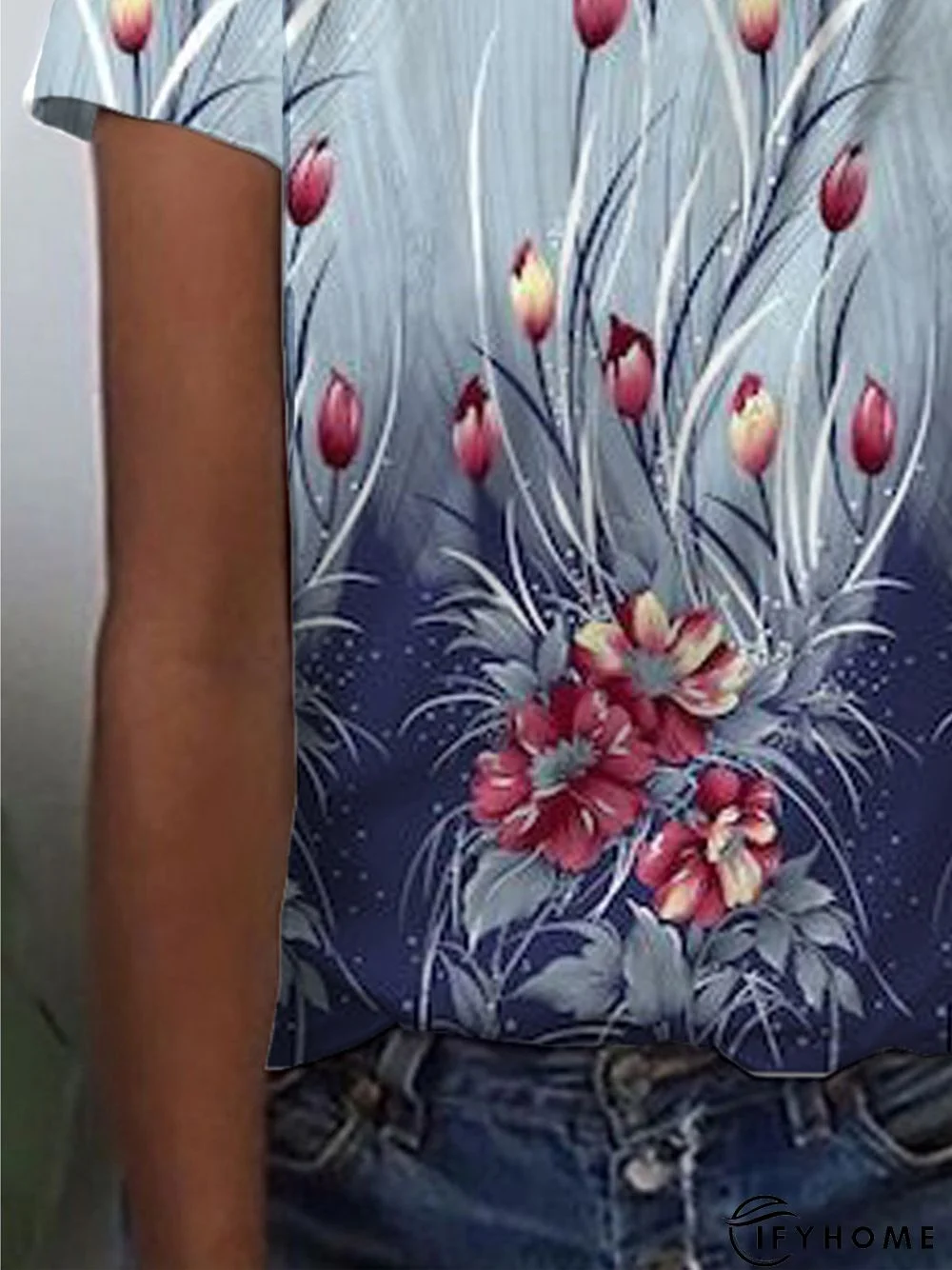 Crew Neck Floral Short Sleeve Holiday T-shirt | IFYHOME