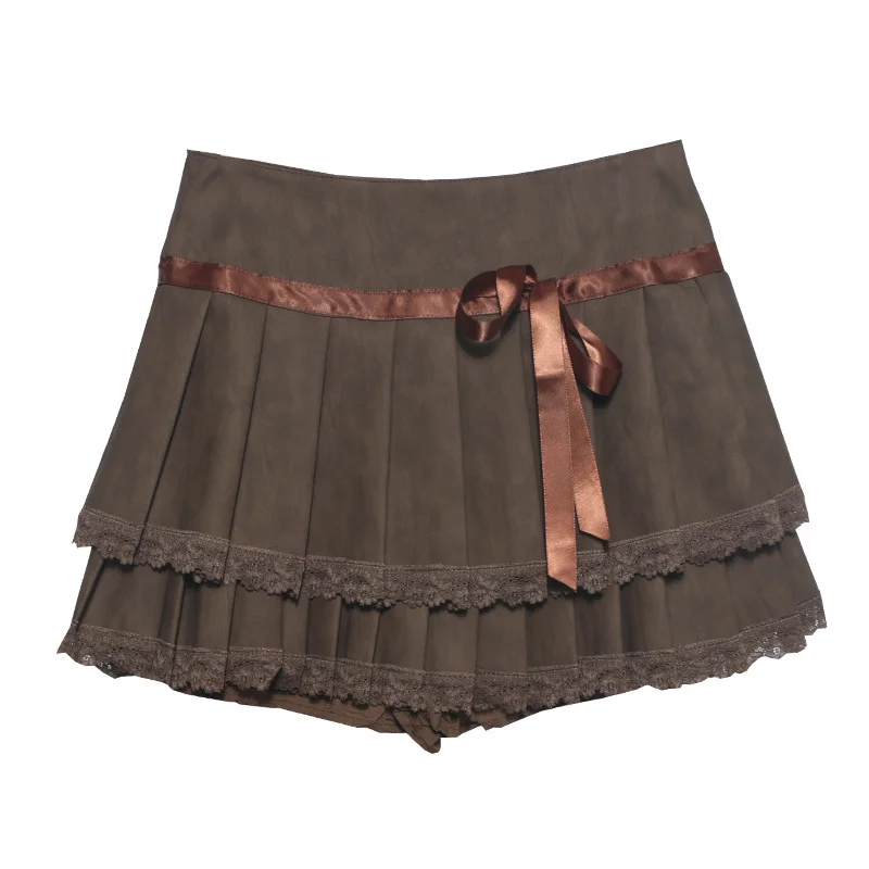 Churchf Vintage College Wind Bow Lace 100-Fold Short Skirt High Waist Anti-Walking Pu Skin Skirt 8207