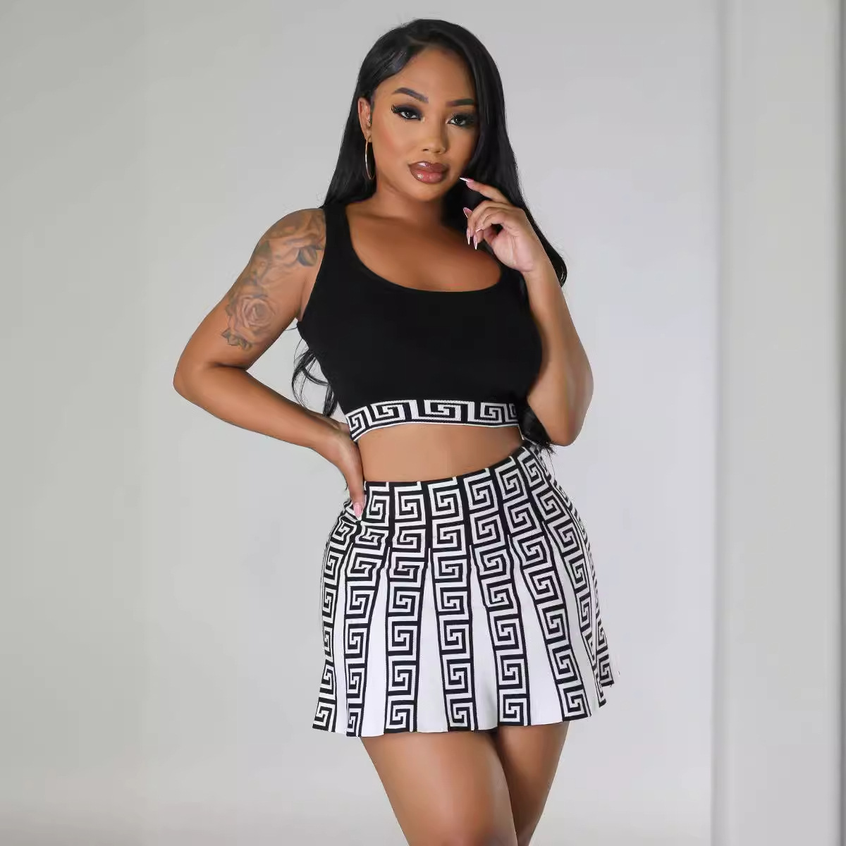 Women's Knitting Stretch Sports Casual Knitting Skirt Vest Two Piece Set