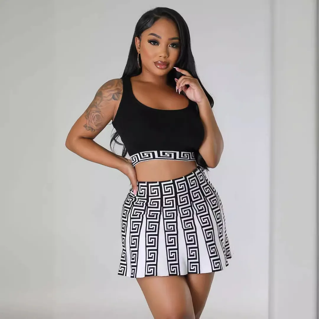 Women's Knitting Stretch Sports Casual Knitting Skirt Vest Two Piece Set