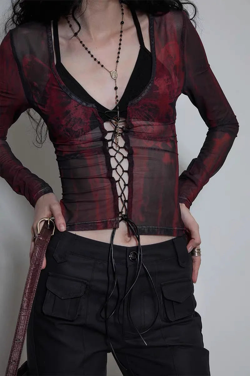 QWEEK Coquette Sexy Tie Dye Mesh Tops Women Y2k Bandage Crop T Shirts Harajuku Gothic Grunge Aesthetic V Neck Long Sleeve Tees LANFUBEISI