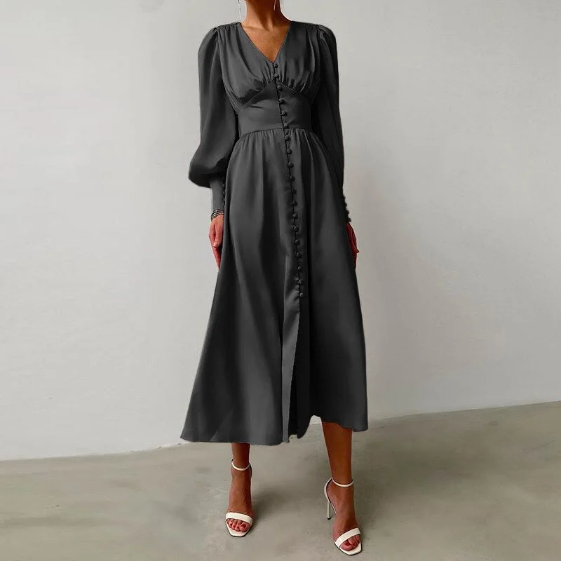 Celmia 2022 Fashion Elegant Single Breasted Satin Dress Women Sexy V Neck Sundress Lantern Sleeve High Waist Party Midi Dresses