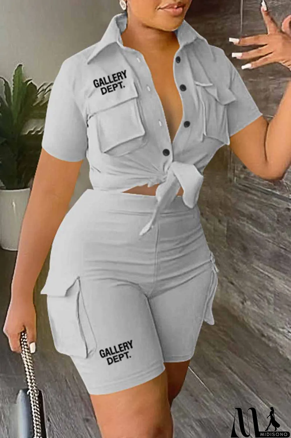 MidiSono - Sky Blue Casual Street Print Letter Turndown Collar Short Sleeve Two Pieces