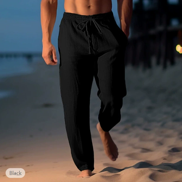 Men's Casual Solid Color Cotton And Linen Comfortable Vacation Trousers