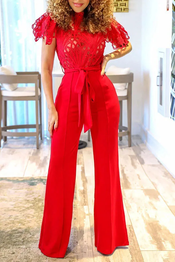 Lace Hollow-Out Elegant Belted Jumpsuit
