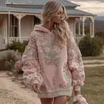 Women's Vintage Floral Embroidered Art Comfort Hooded Mini Dress - Image 2