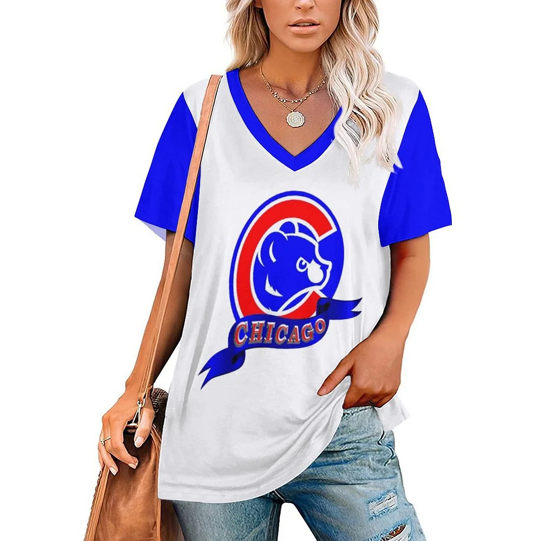 V-neck Short Sleeve Casual T-shirt for  Women Printed with Pattern,Blue,Red