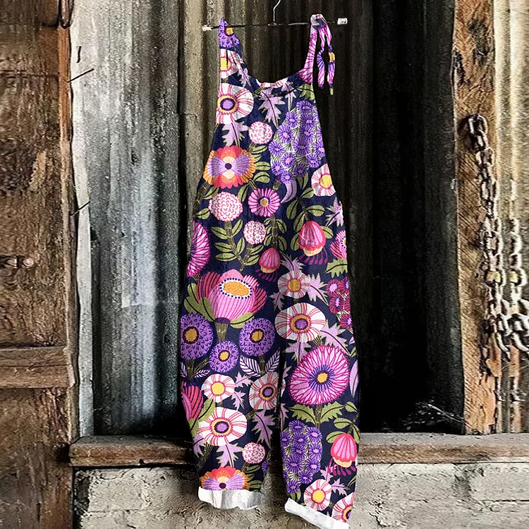 Vintage Botanical Floral Garden Purple Art Graphic Casual Loose Jumpsuit
