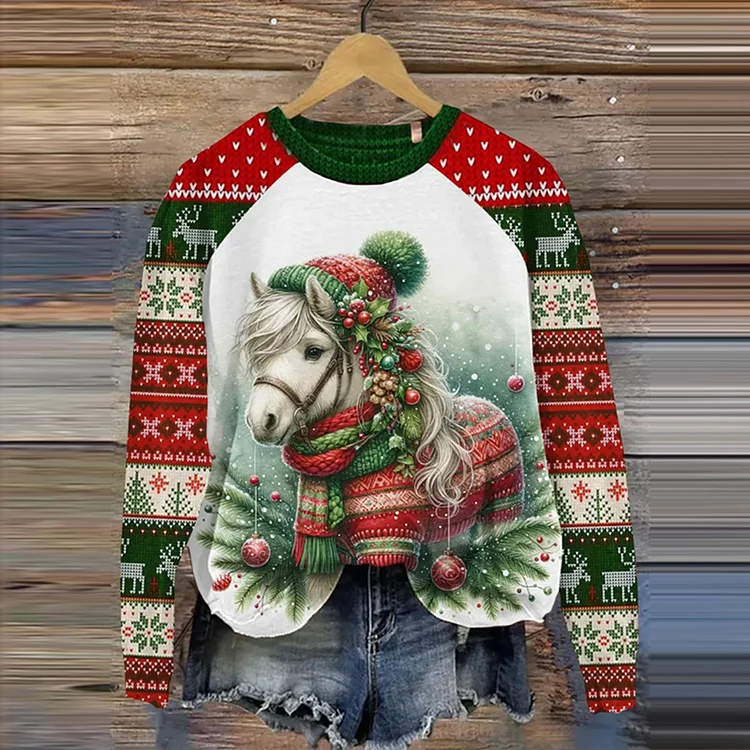 Wearshes Women's Christmas Pony Print Round Neck Sweatshirt