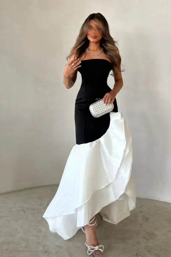 Black White Chic Ruffles Strapless Evening Dress | ZT0439