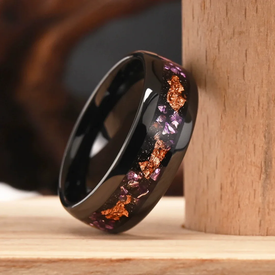 8MM Gold Foil and Amethyst Tungsten Carbide Rings Black Mens Womens Wedding Bands Comfort Fit