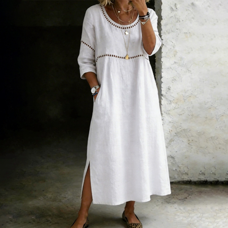 Comstylish Women's Solid Color Round Neck Split Linen Blend Midi Dress