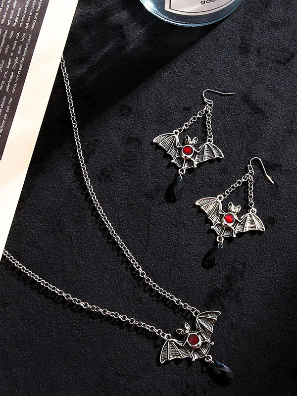 Halloween Stylish Alloy Bat Cross Pearl Chain Necklace&Earrings