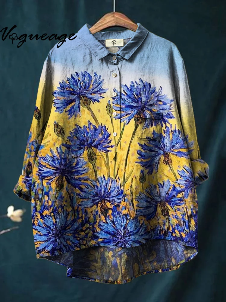 Elegant Oil Painting Chrysanthemum Printed Cotton And Linen Shirt
