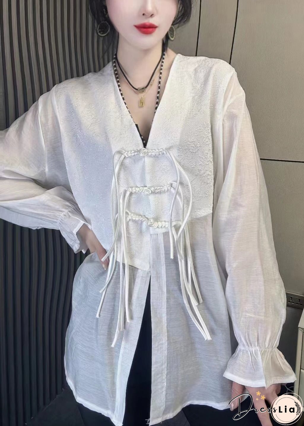 Women Black Tasseled Chinese Button Patchwork Chiffon Shirt Tops Fall