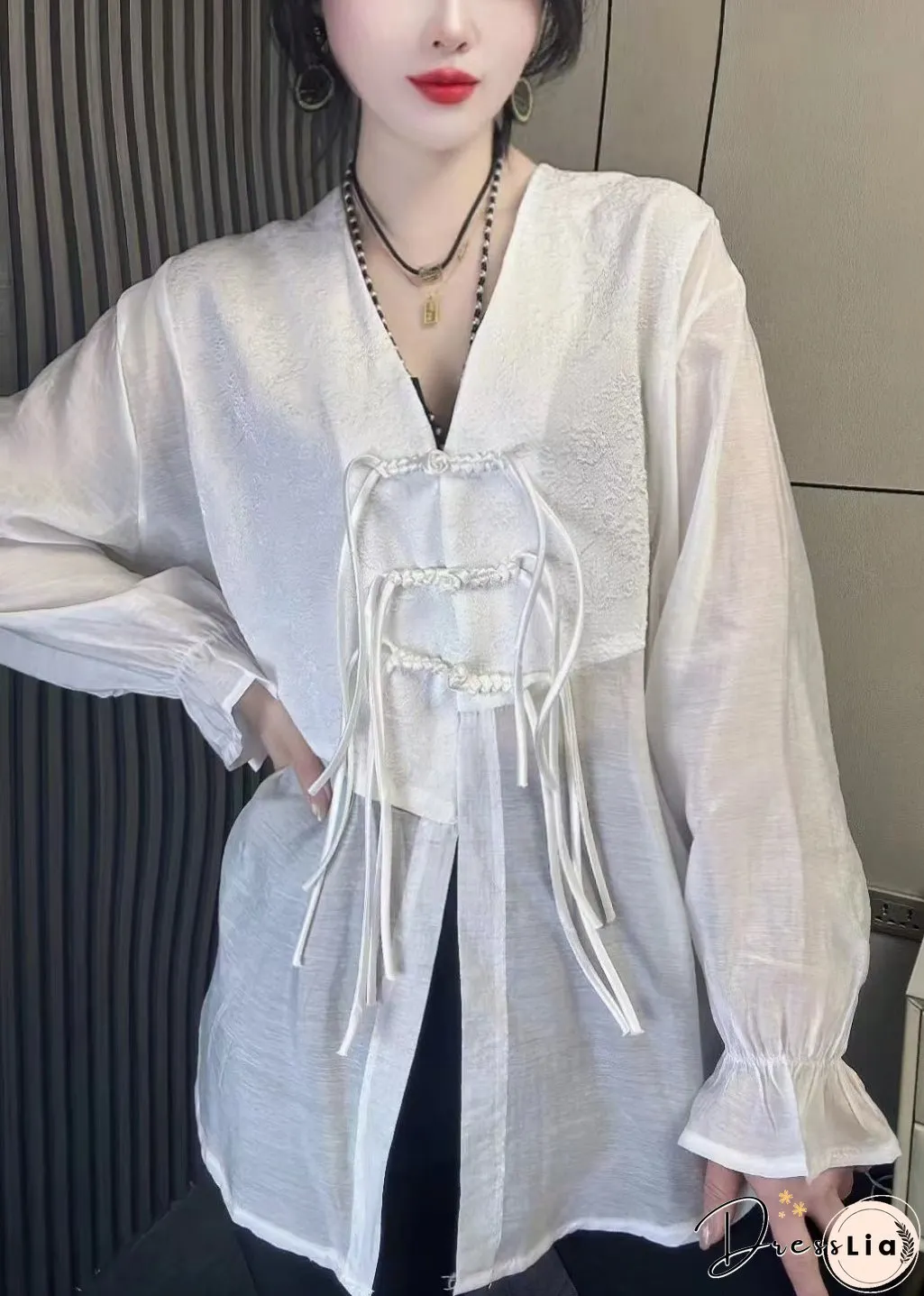 Women Black Tasseled Chinese Button Patchwork Chiffon Shirt Tops Fall