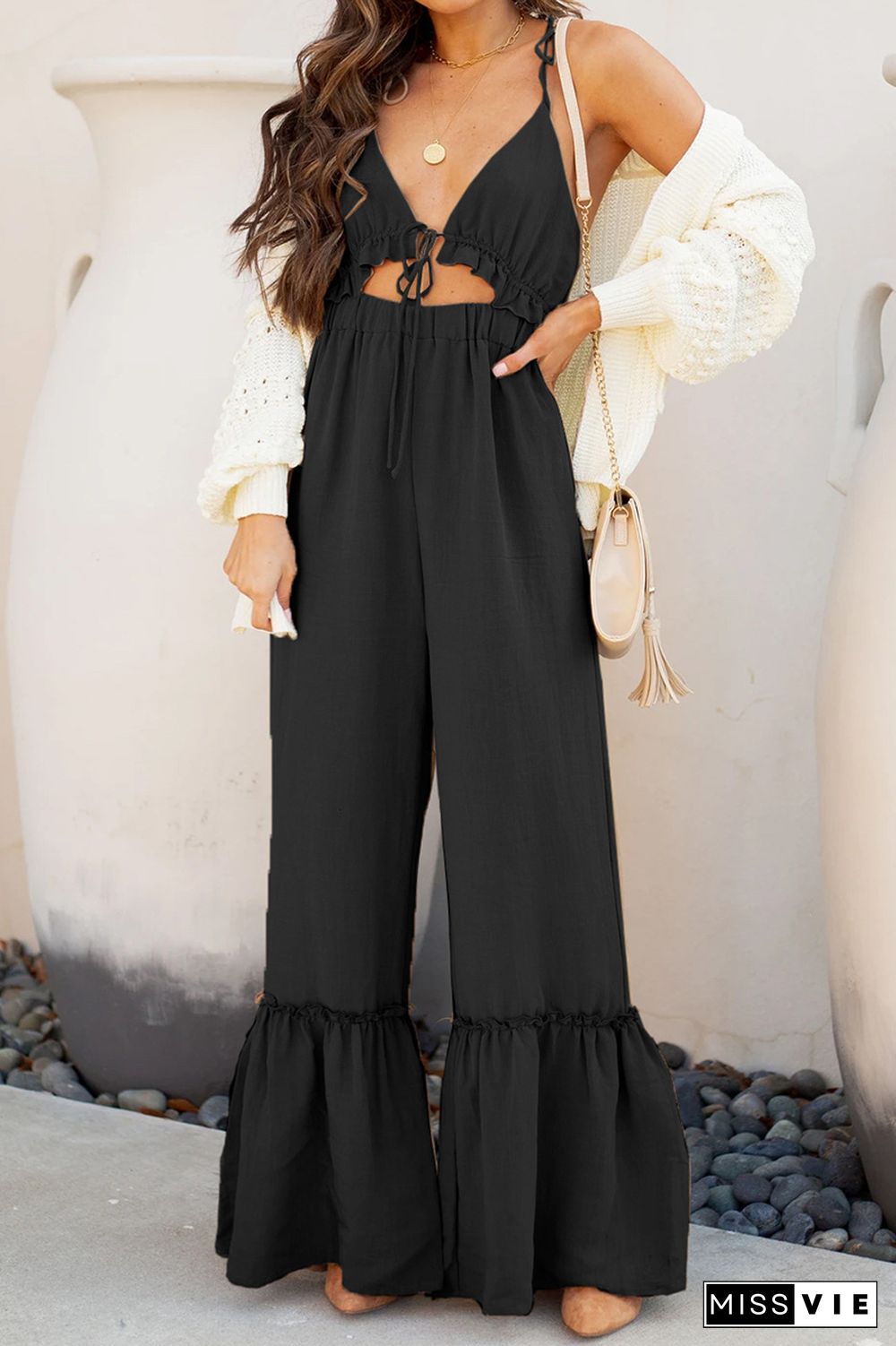 Sexy Patchwork Solid Draw String Flounce V Neck Regular Jumpsuits