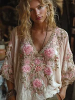 Bohème Pink Rose Embroidered Linen V-neck Short-sleeved Top