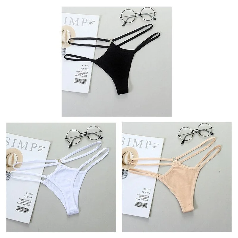 Sexy Women G-String Cotton Panties Lingerie Thin Strap Soft Breathable T back Female Low Rise Hollow Out Thong 3 Pcs Underwear