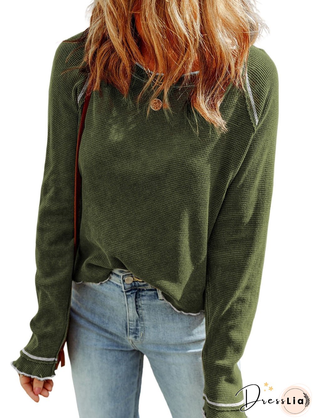 Green Waffle Knit Shift Top with Round Neck and Long Sleeves