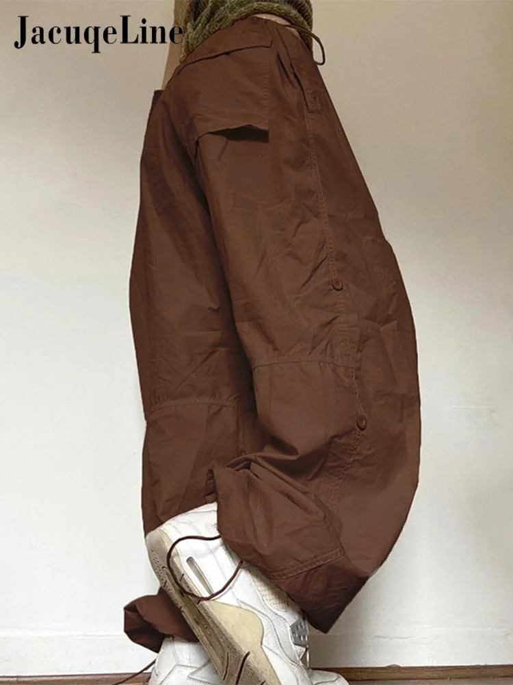 Jacqueline Y2K Wide Leg Cargo Pants Women Drawstring Baggy Low Waist Fashion Hippie Trousers Pocket Casual Street Vintage Brown