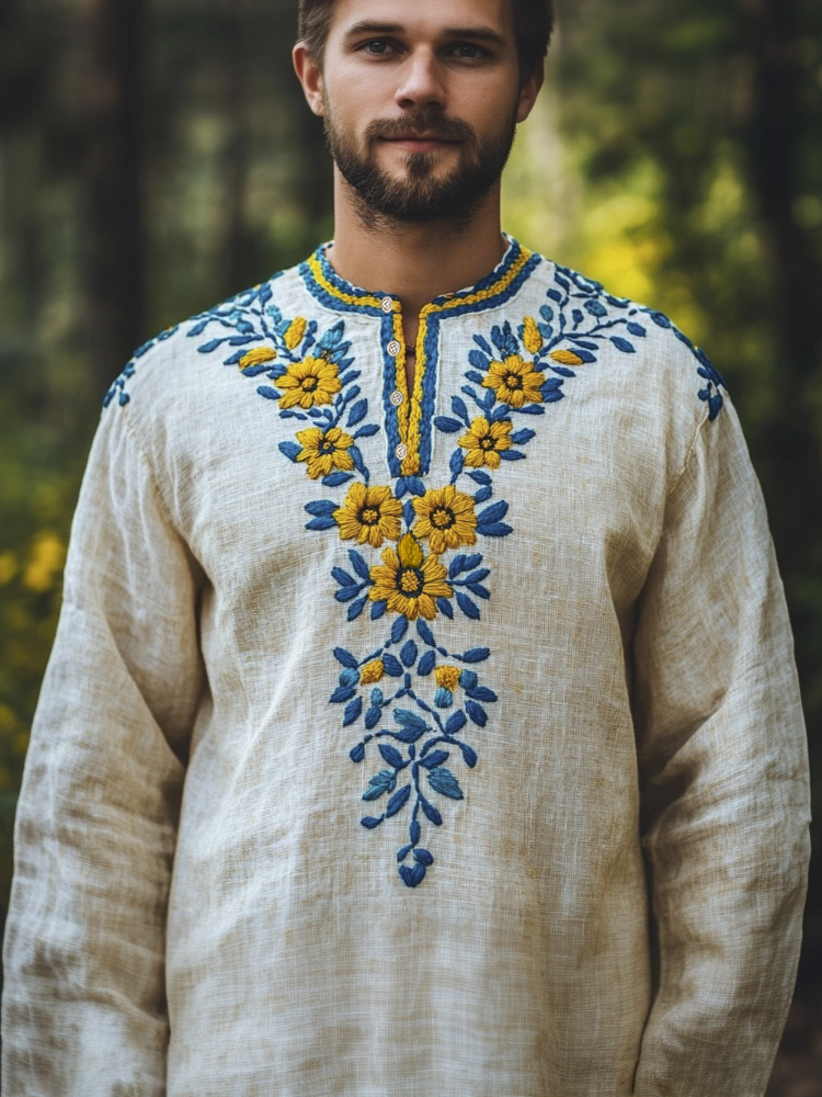 Comstylish Ukrainian Folk Floral Embroidered Vintage Linen Shirt