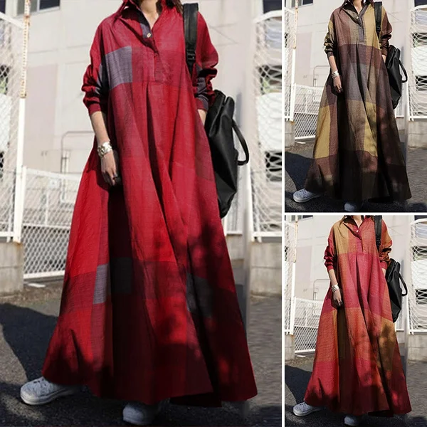 Zanzea Women Kaftan Full Sleeve Length Oversize Ladies Casual Plaid Check Maxi Shirt Dress Plus Size