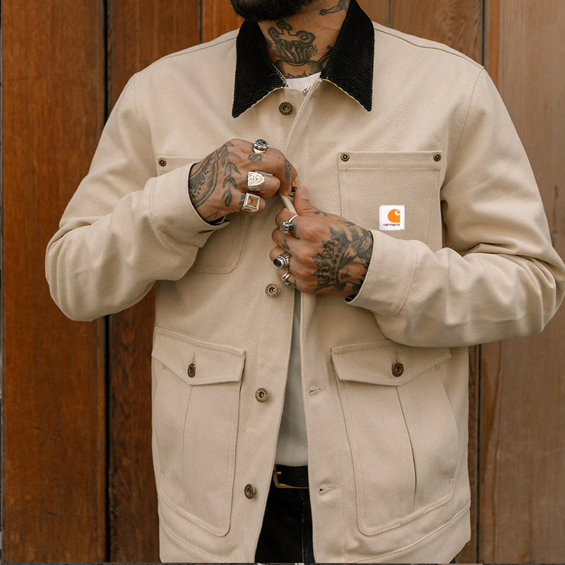 Men's Outpost Canvas Jacket Outdoor Retro Multi Pocket Contrast Lapel Collar Work Jacket Apricot