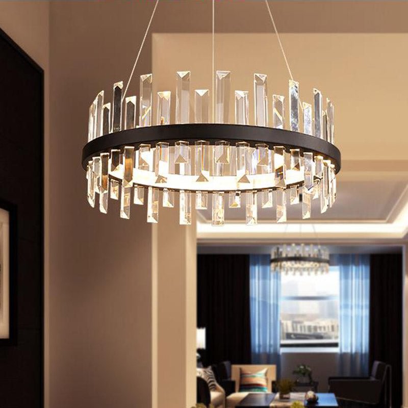 Circular Pendant Ceiling Light Modern Rectangle-Cut Crystal Black/White LED Chandelier Lamp in Warm Light, 23.5"/31.5" Wide