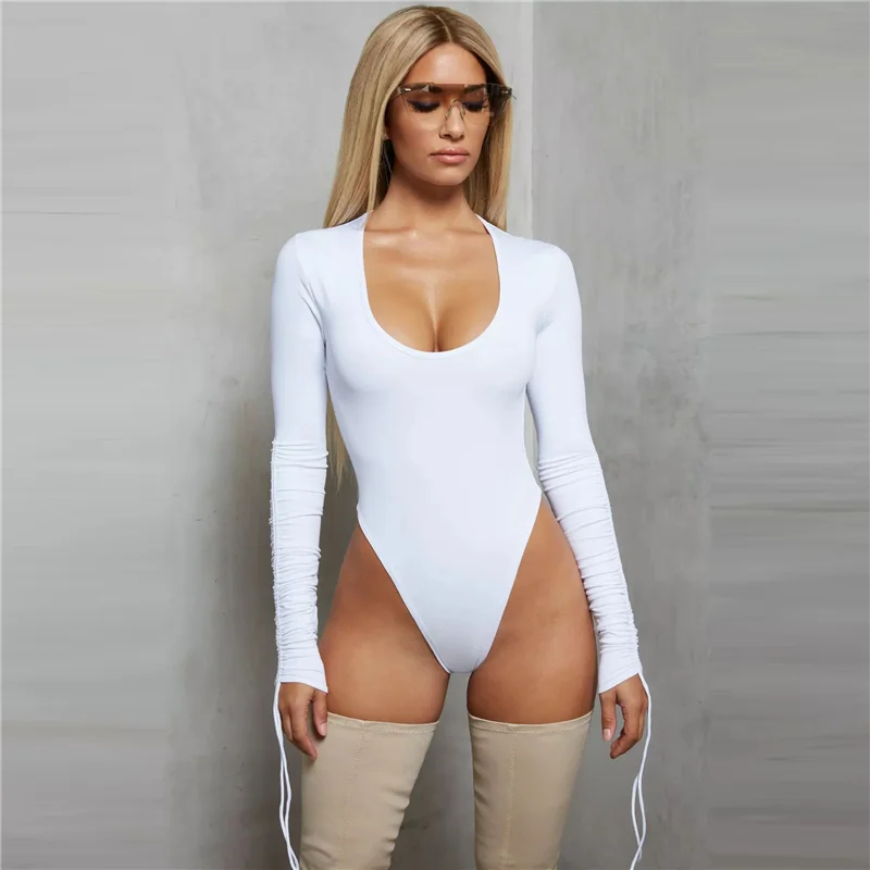 Women Skinny Solid Bodysuit  Ladies Bodycon O-Neck Long Sleeves Bodysuit Drawstring Beige Black Female Casual Body Suit