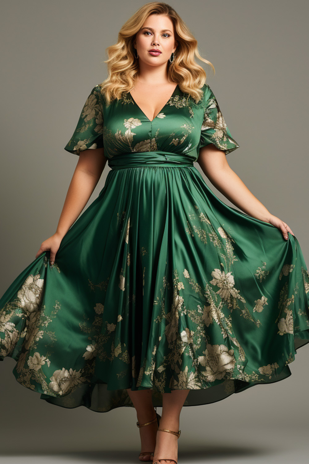 Flycurvy Plus Size Mother Of The Bride Green Floral Print Empire Waist Maxi Dress 2024 - Flycurvy 