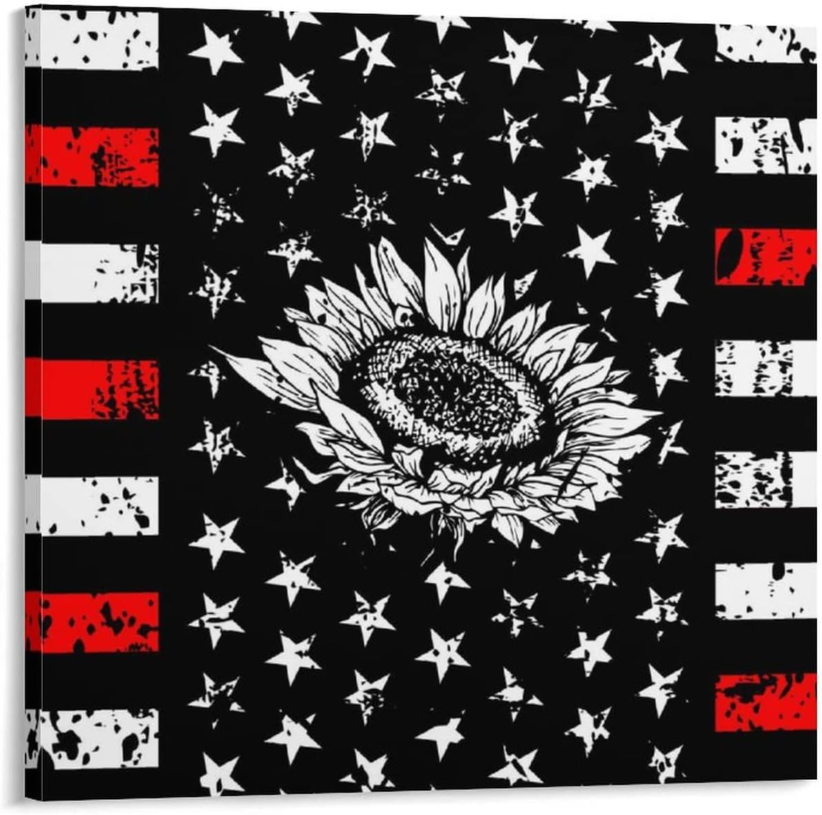20x20in Wall Hanging Wood Frame Canvas Posters Sunflower American Flag Shabby Chic Style Wood Frame Wall Hanging Canvas Prints Decoration for Home and Office Living Room Bedroom Nursery Room 20x20in