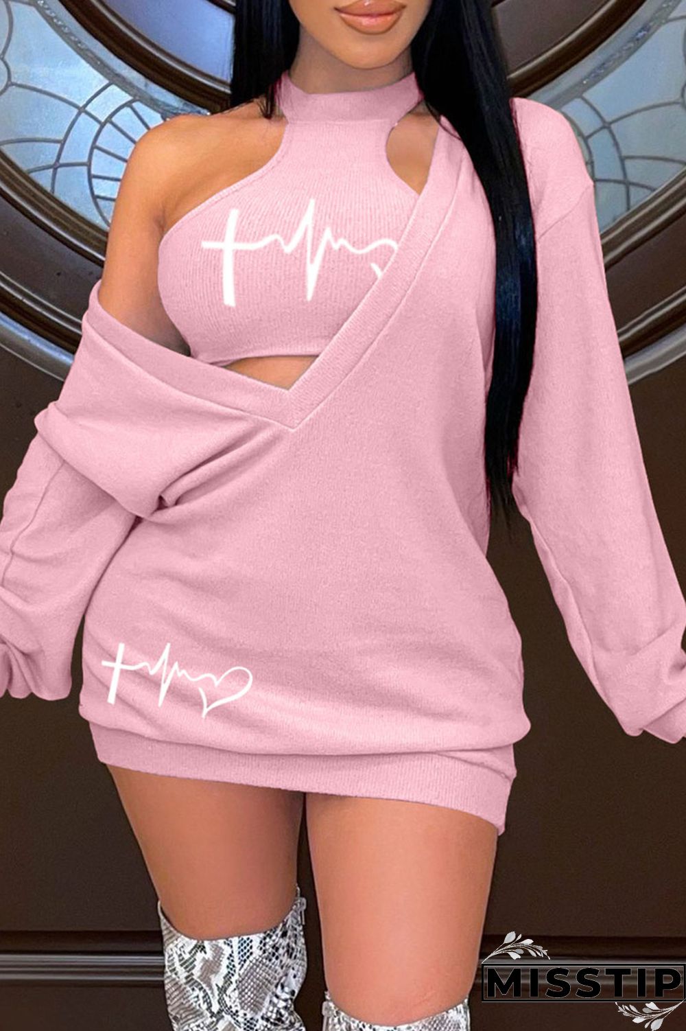 Black Casual Print Basic O Neck Long Sleeve Two Pieces