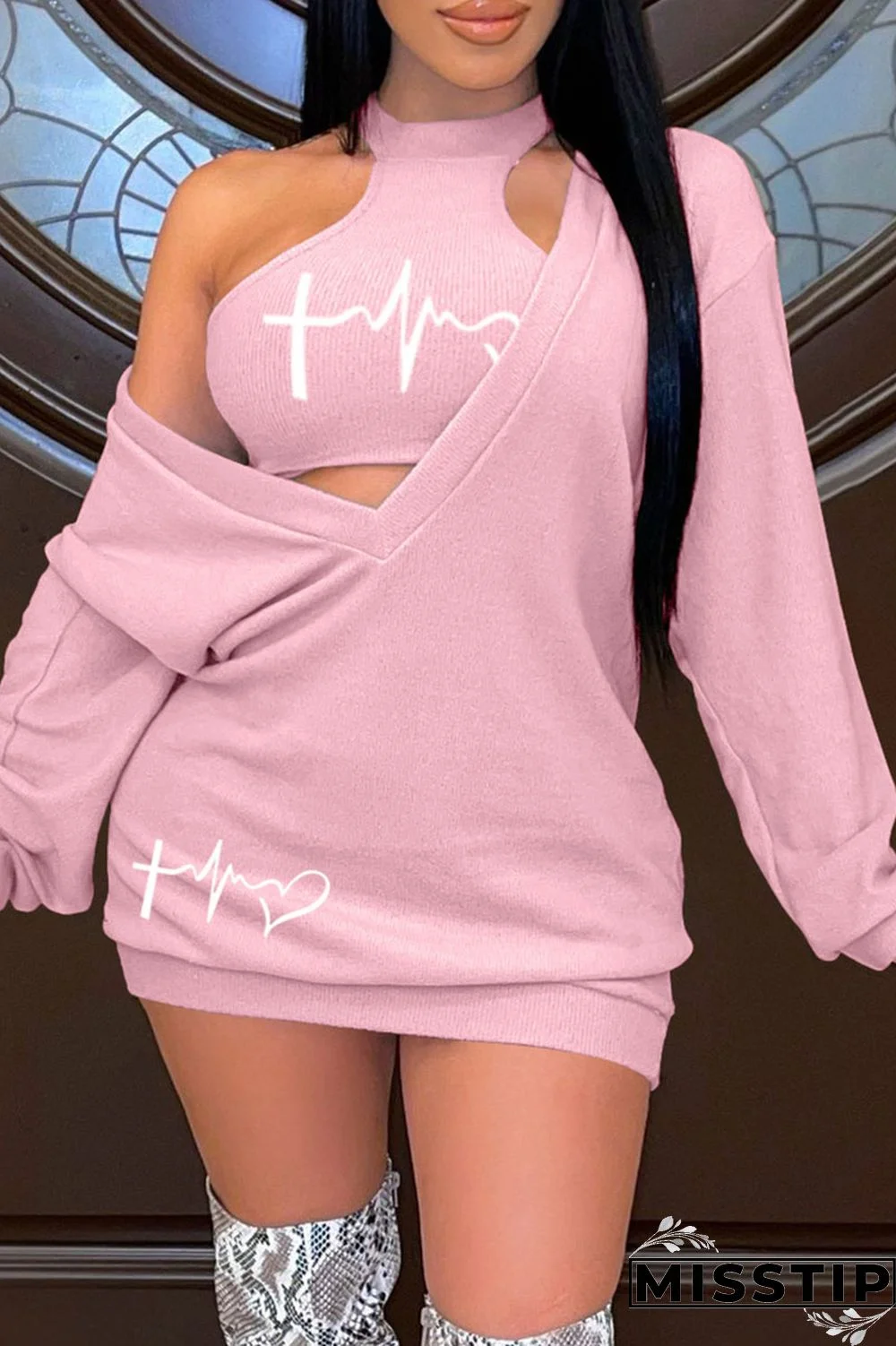 Black Casual Print Basic O Neck Long Sleeve Two Pieces