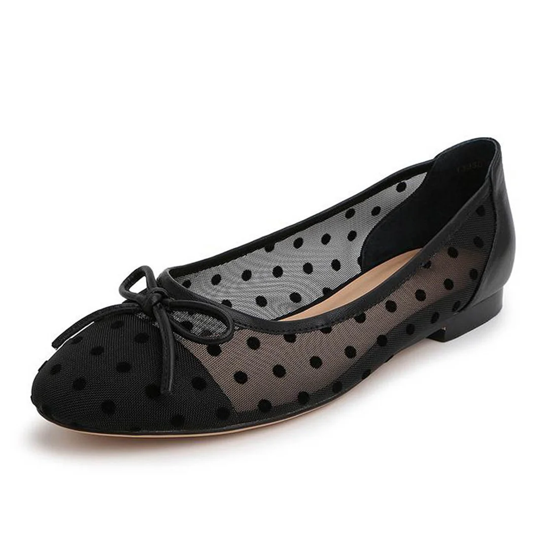 Fashion Black Round Toe Polka Dot Slip On Ballet Flats with Bow