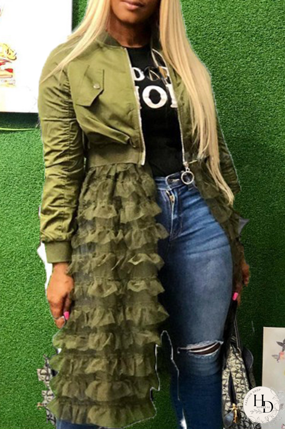 Black Casual Patchwork Mesh Zipper Collar Outerwear