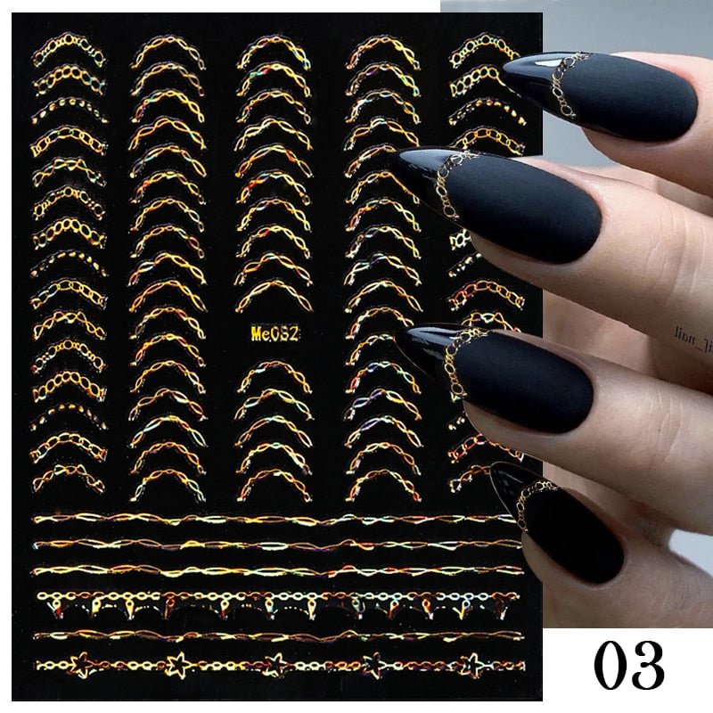Reflective Glitter French Line 3D Nail Stickers Gold Silver Geometric Tassel Strip Line Transfer Decals Nail Art Design Decor
