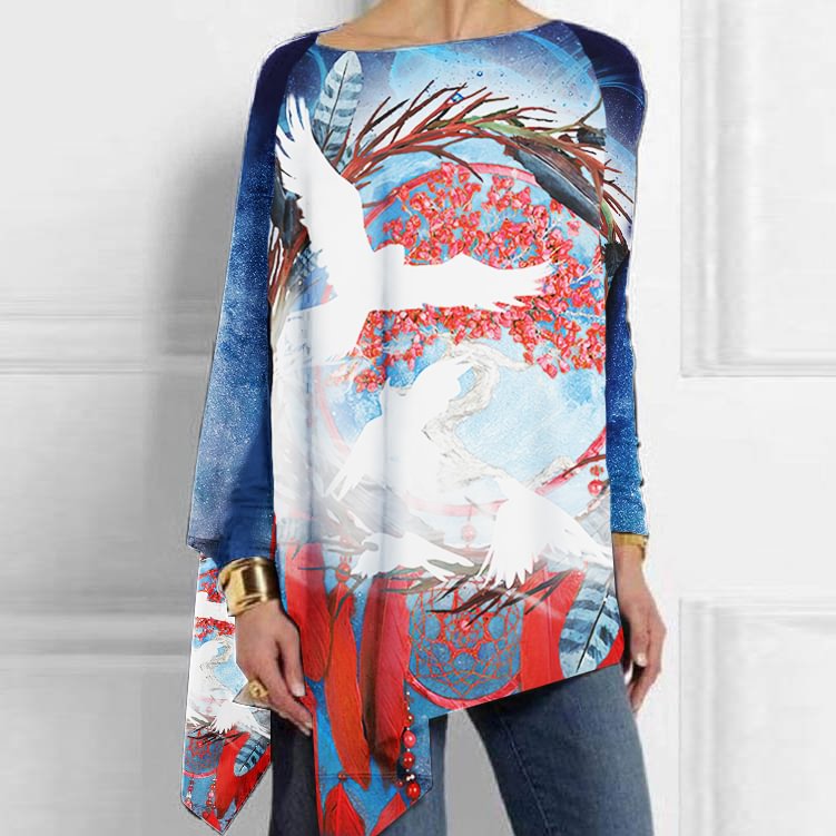 Ethnic Style Wind Chime Design White Dove Print Women Longline T-shirt