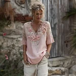Vintage Boho Pink Roses Embroidered V Neck Linen Shirt - Image 2