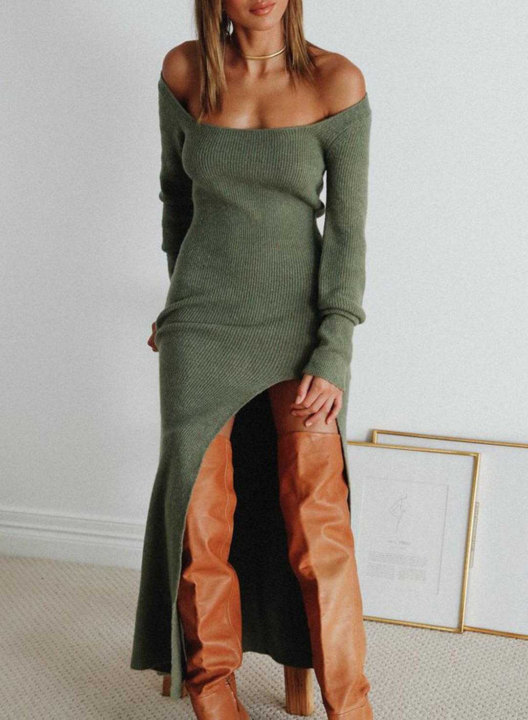 Women's Dresses Sexy Green Single leg slitKnit Midi Dress