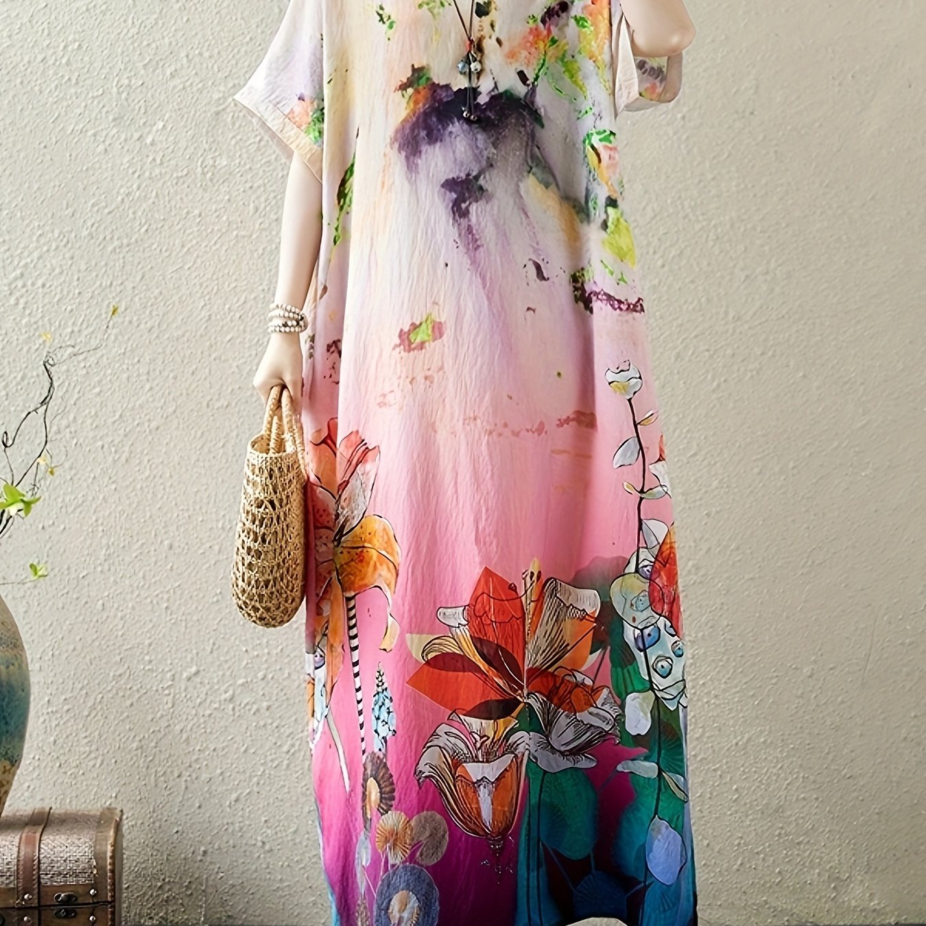 Plus Size Floral Print Vacation Style Short Sleeve Crew Neck Maxi Dress 