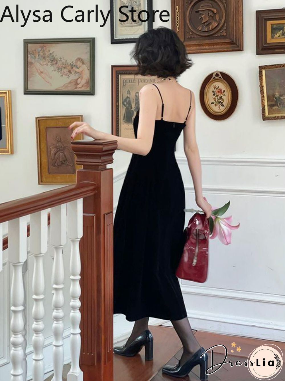 French Vintage strap dress women red elegant Korean party midi female sexy backless
