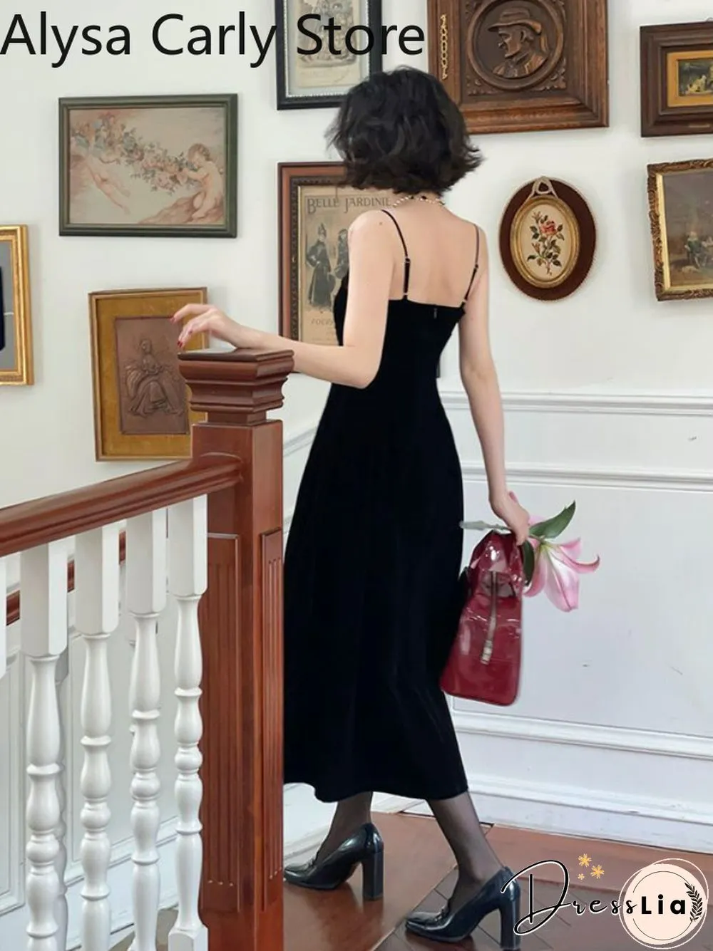 French Vintage strap dress women red elegant Korean party midi female sexy backless