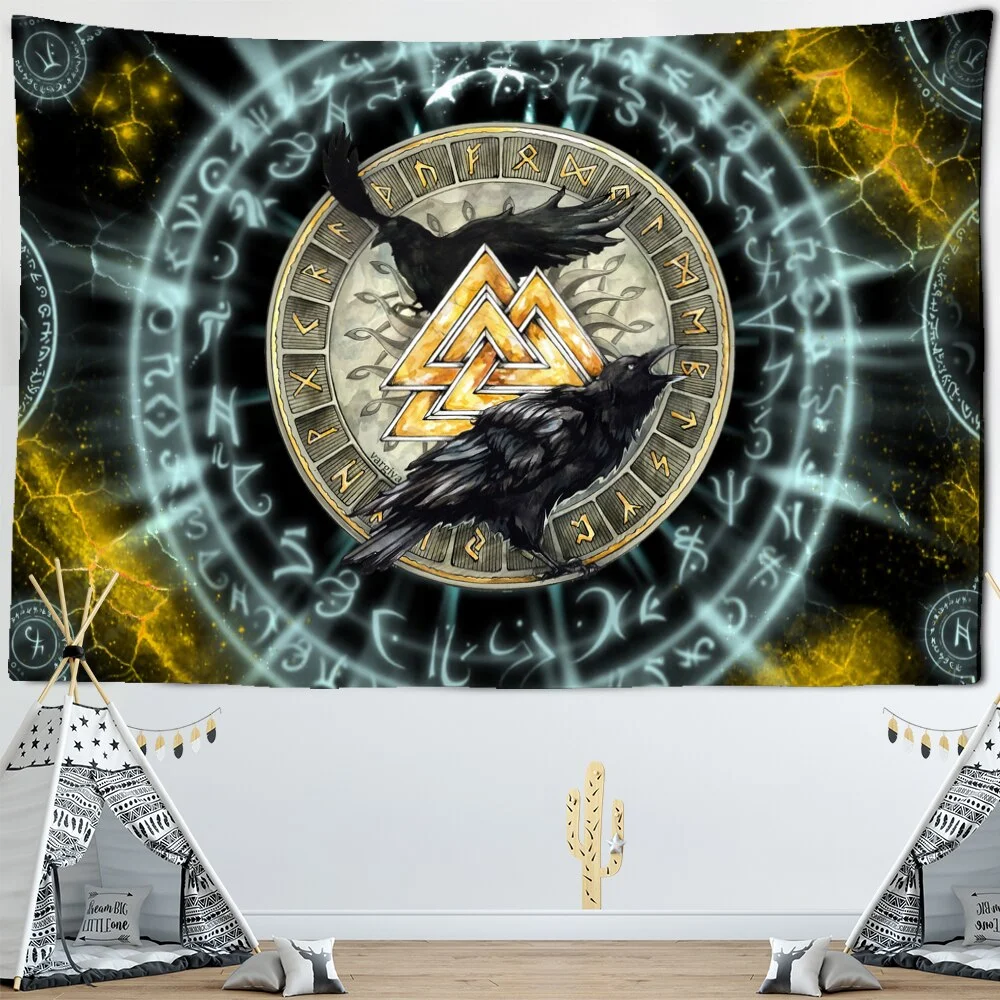 Vikings Tapestry wall Raven Mysterious Meditation Psychedelic Runes Art Wall Hanging Tapestries for Living Room Tarot Sun Moon