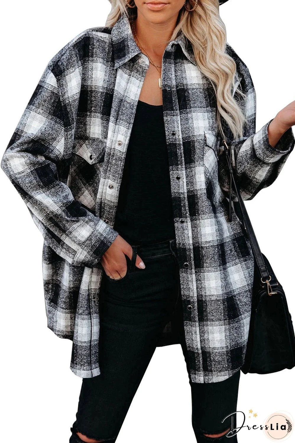 Winter Outfits Black Buttons Pocketed Plaid Shacket