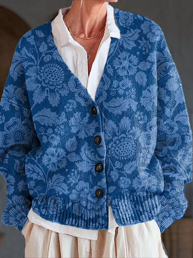 Vintage Ethnic Floral Art Print Buttoned V-neck Cardigan Sweater