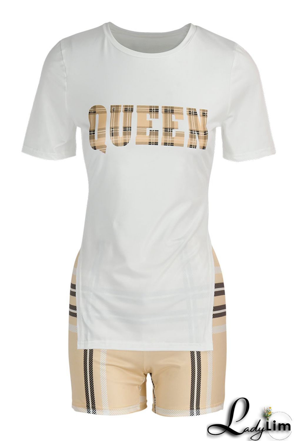 White Casual Print Patchwork Slit O Neck Short Sleeve Two Pieces