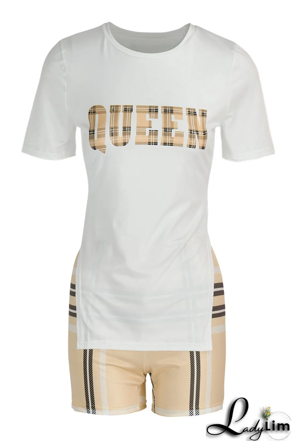 White Casual Print Patchwork Slit O Neck Short Sleeve Two Pieces