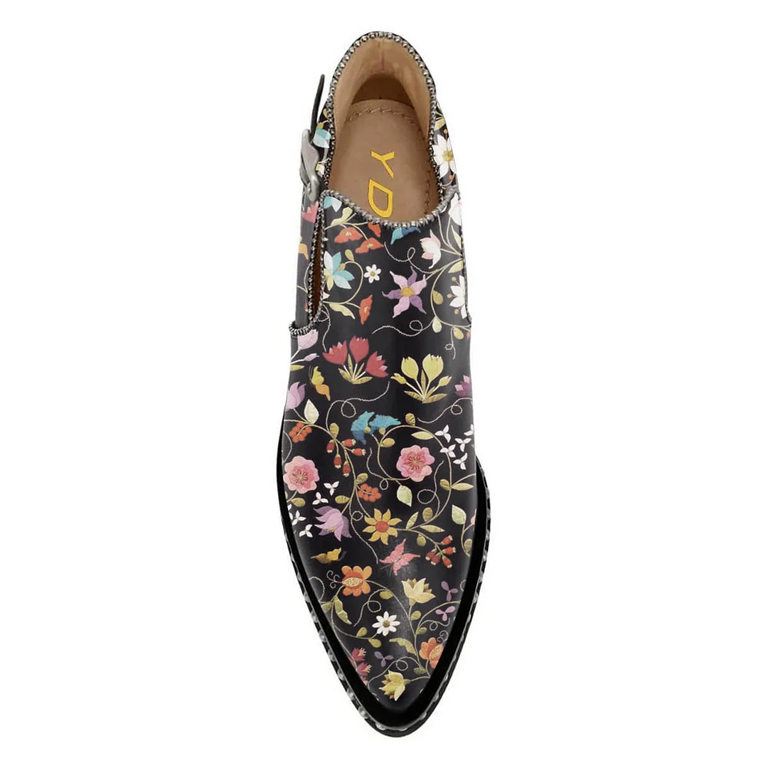 Chunky Heel Studded Pointed Toe Flower Print Buckle Strap Ankle Boots